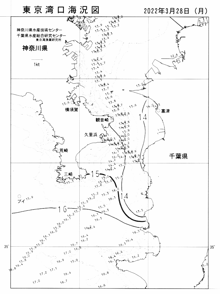 海況図, 東京湾口海況図 検索結果, (水温分布 等を図示)