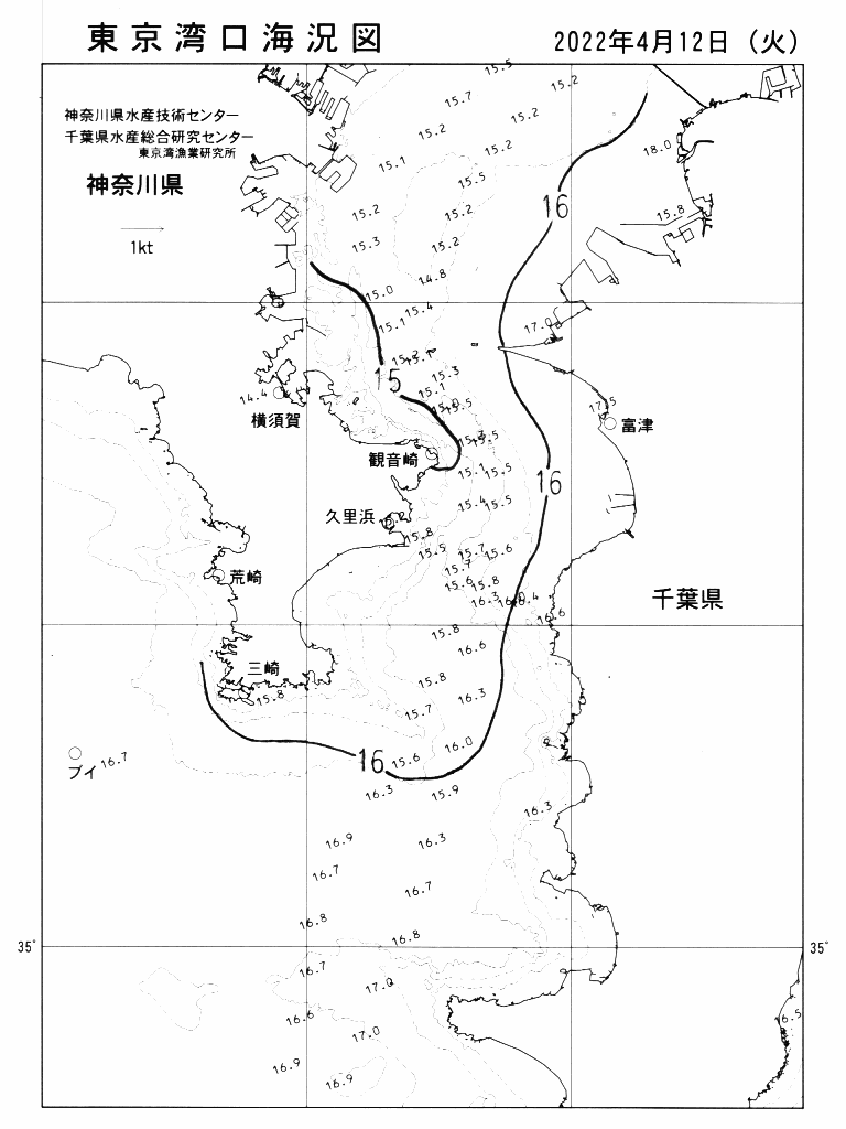 海況図, 東京湾口海況図 検索結果, (水温分布 等を図示)