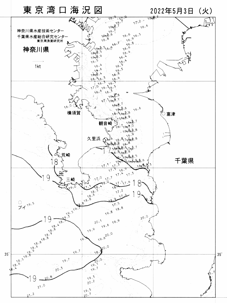 海況図, 東京湾口海況図 検索結果, (水温分布 等を図示)