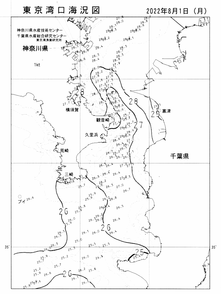 海況図, 東京湾口海況図 検索結果, (水温分布 等を図示)