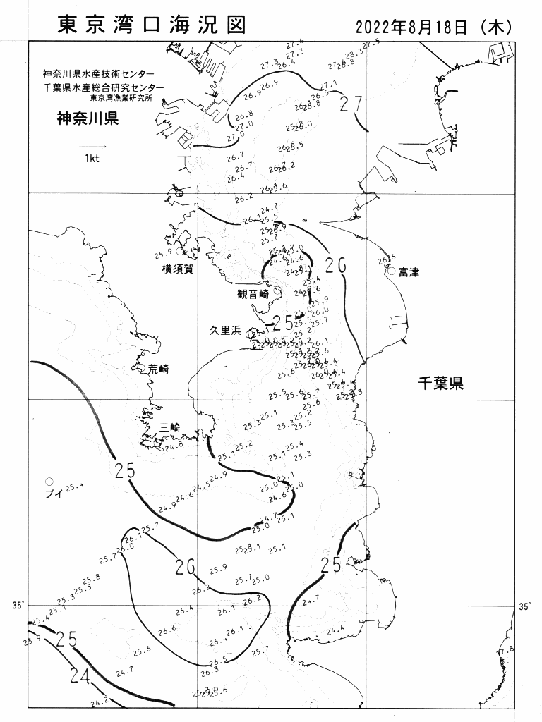 海況図, 東京湾口海況図 検索結果, (水温分布 等を図示)