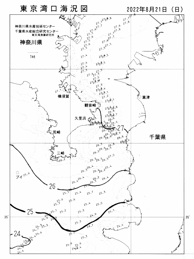 海況図, 東京湾口海況図 検索結果, (水温分布 等を図示)