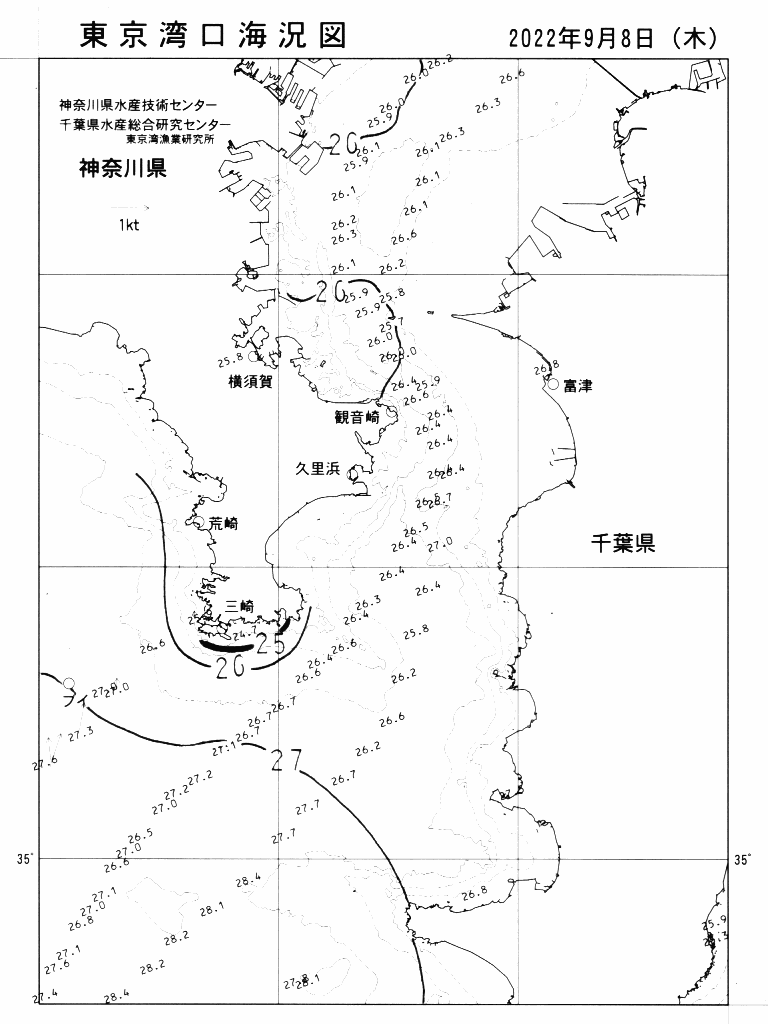 海況図, 東京湾口海況図 検索結果, (水温分布 等を図示)