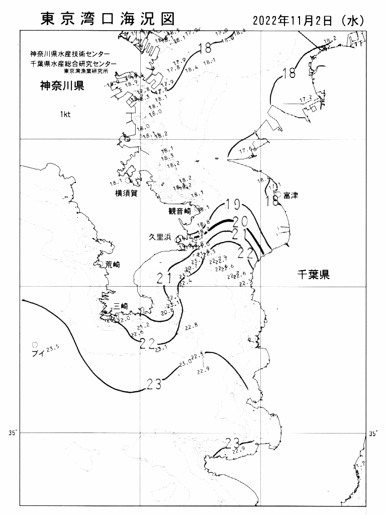 海況図, 東京湾口海況図 検索結果, (水温分布 等を図示)