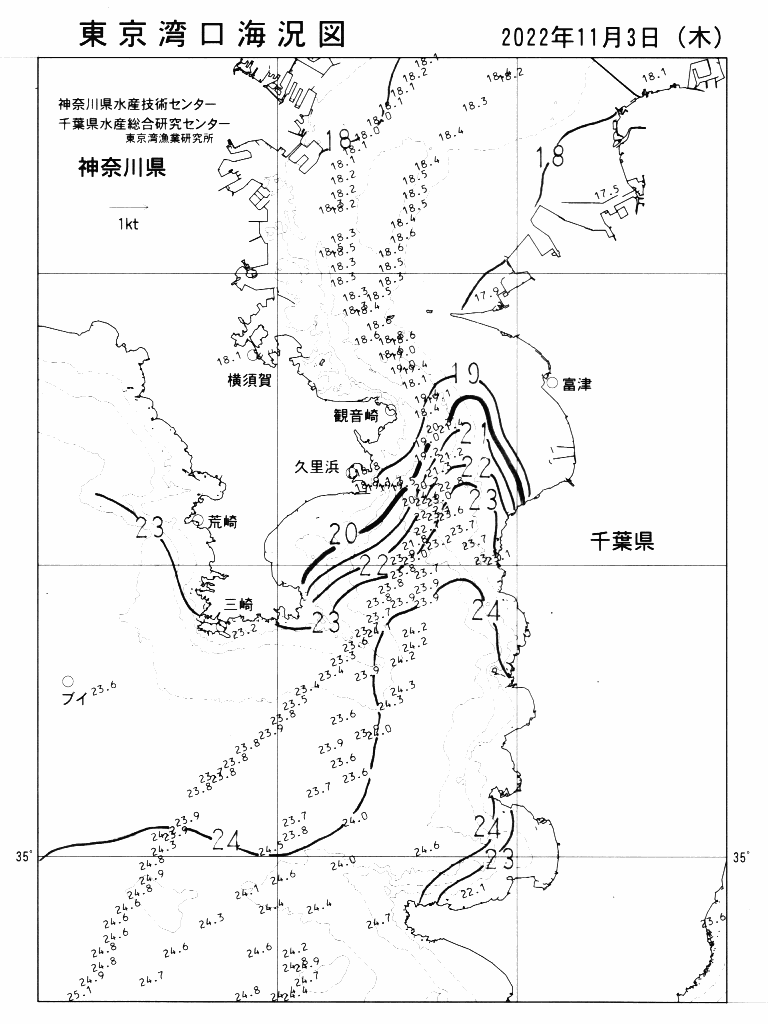 海況図, 東京湾口海況図 検索結果, (水温分布 等を図示)