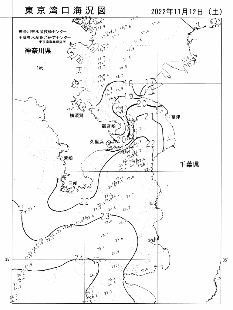海況図, 東京湾口海況図 検索結果, (水温分布 等を図示)