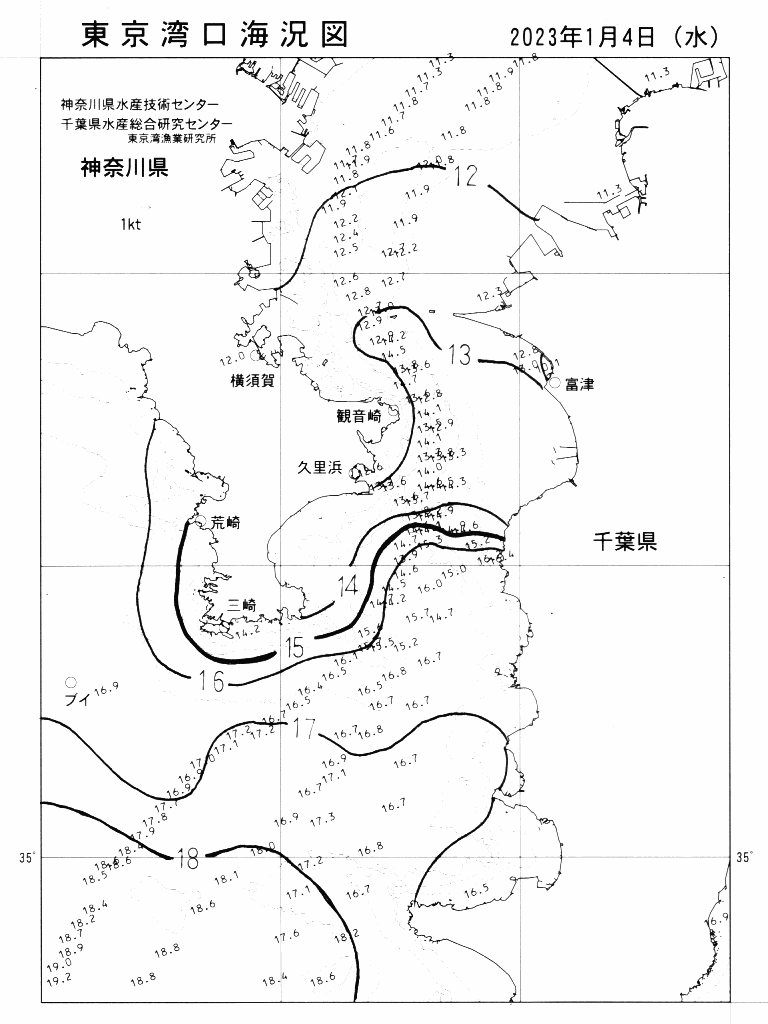 海況図, 東京湾口海況図 検索結果, (水温分布 等を図示)