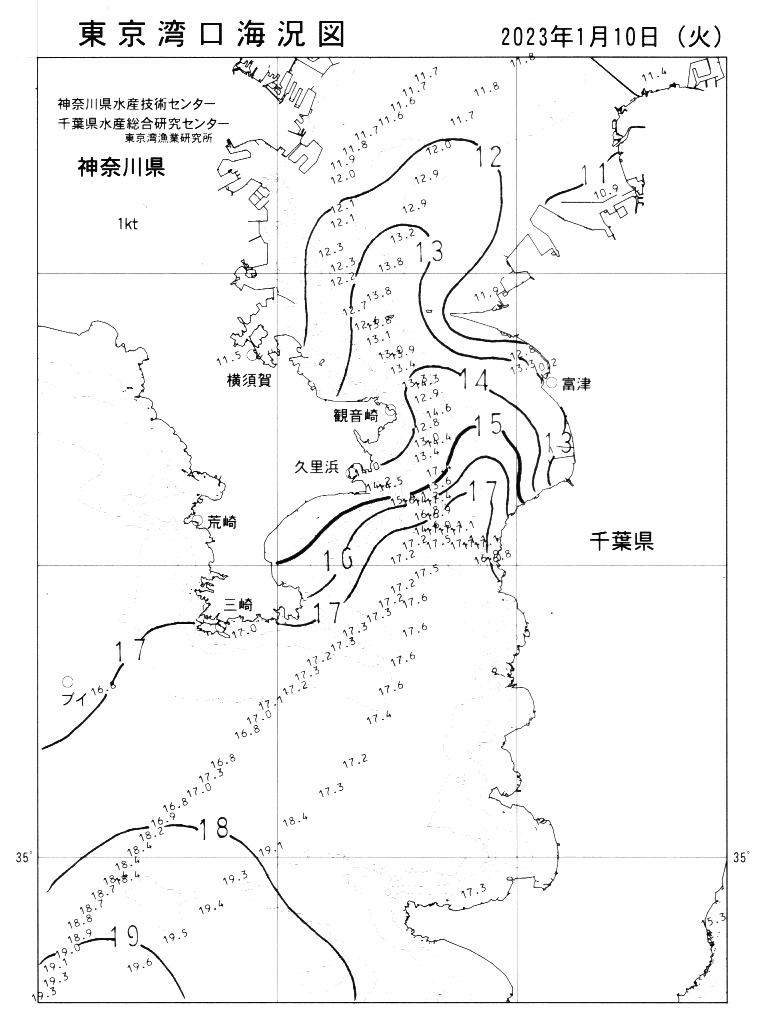 海況図, 東京湾口海況図 検索結果, (水温分布 等を図示)