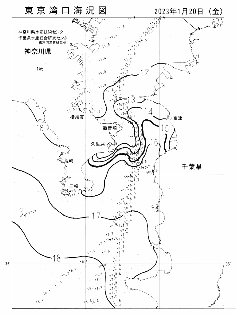 海況図, 東京湾口海況図 検索結果, (水温分布 等を図示)