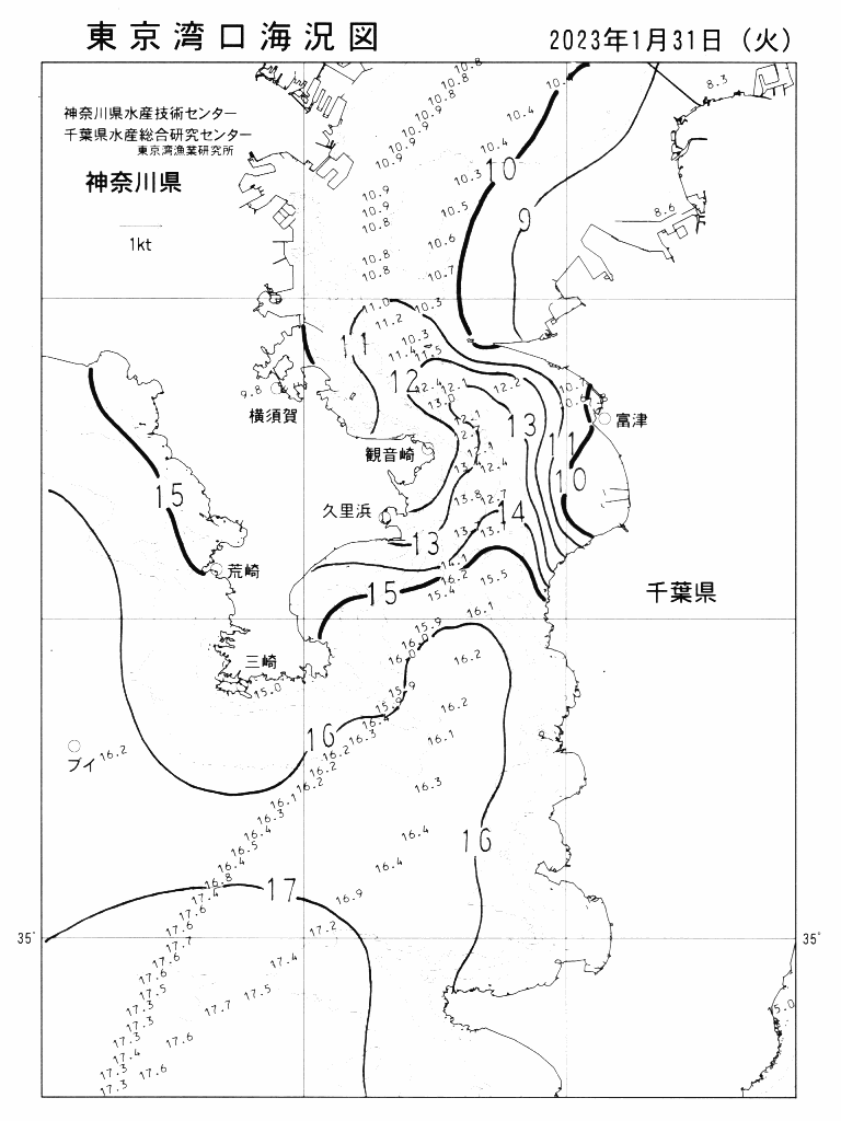 海況図, 東京湾口海況図 検索結果, (水温分布 等を図示)