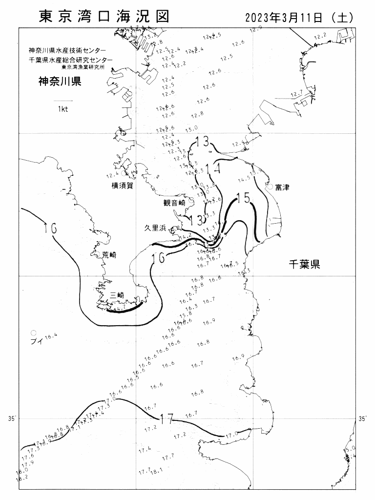 海況図, 東京湾口海況図 検索結果, (水温分布 等を図示)