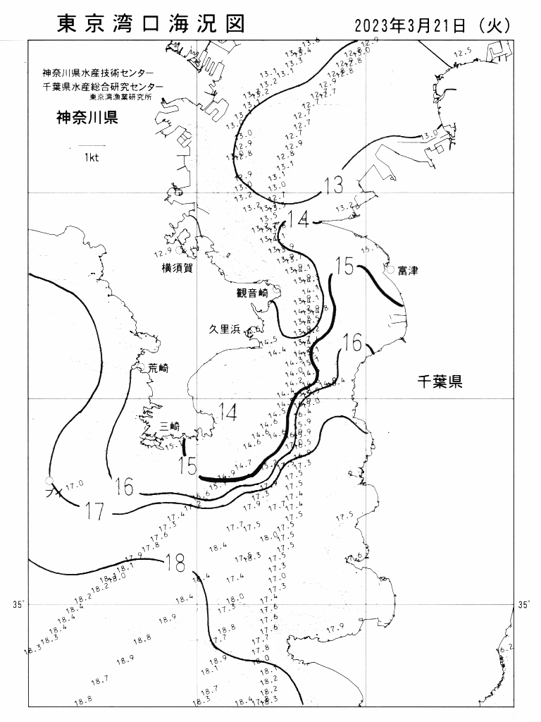 海況図, 東京湾口海況図 検索結果, (水温分布 等を図示)