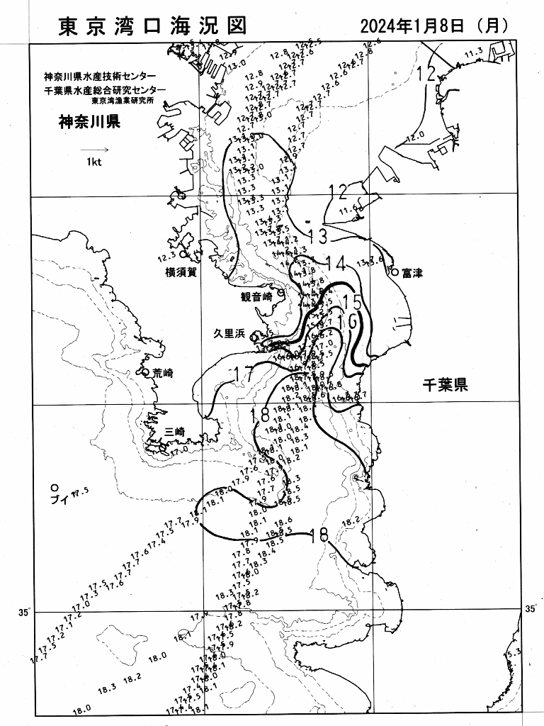 海況図, 東京湾口海況図 検索結果, (水温分布 等を図示)