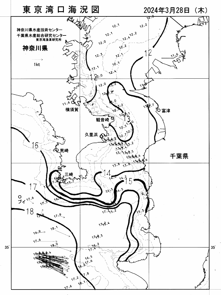 海況図, 東京湾口海況図 検索結果, (水温分布 等を図示)