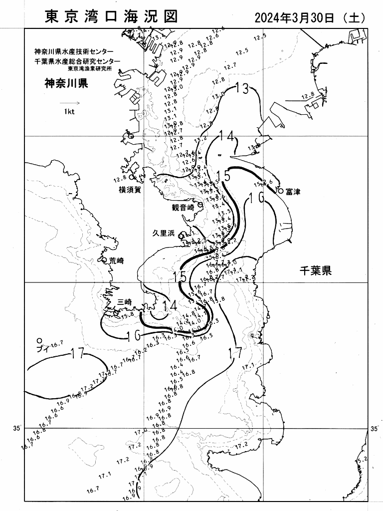 海況図, 東京湾口海況図 検索結果, (水温分布 等を図示)