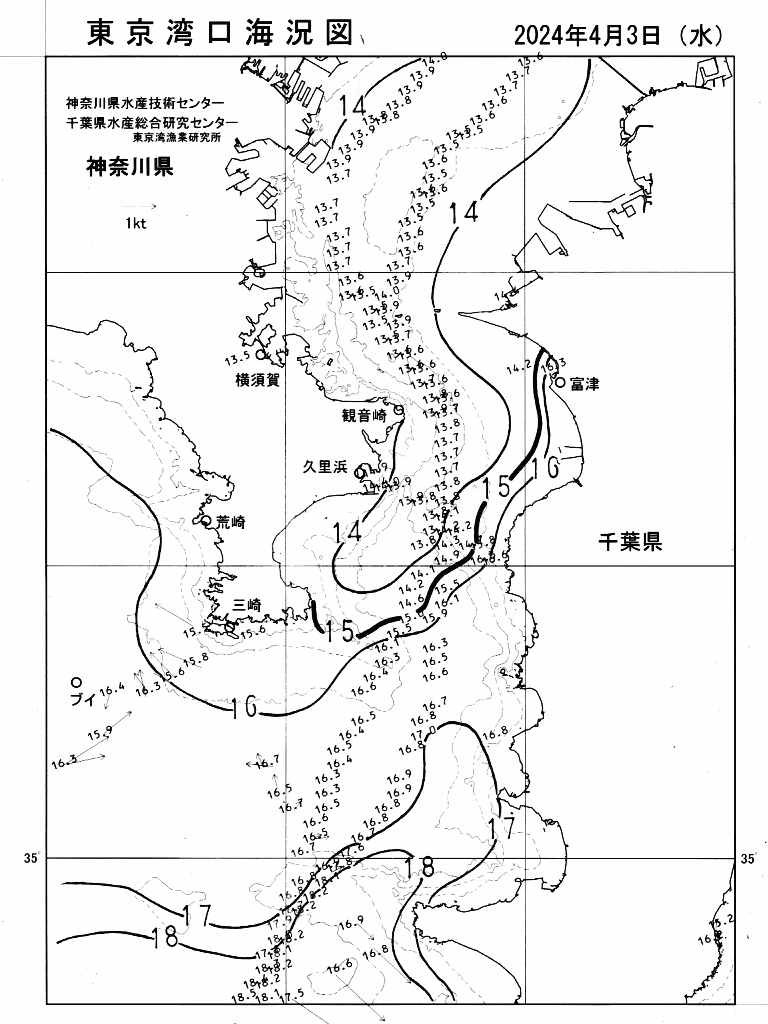 海況図, 東京湾口海況図 検索結果, (水温分布 等を図示)