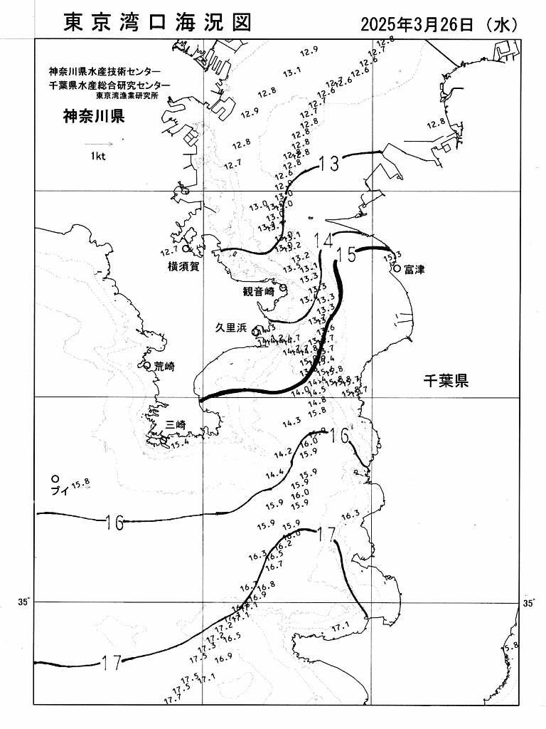 海況図, 東京湾口海況図 検索結果, (水温分布 等を図示)