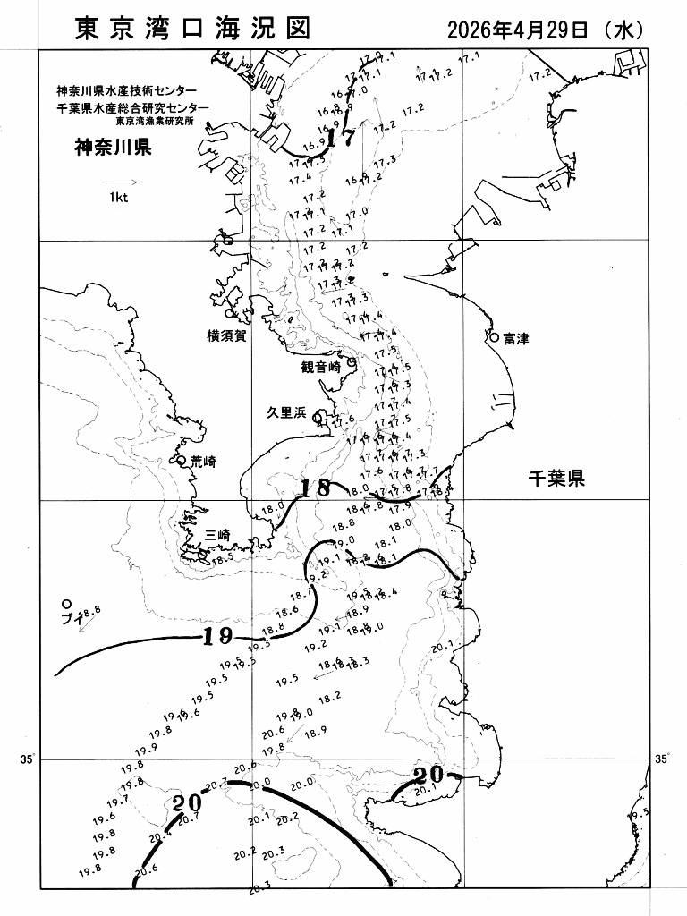 海況図, 東京湾口海況図 検索結果, (水温分布 等を図示)